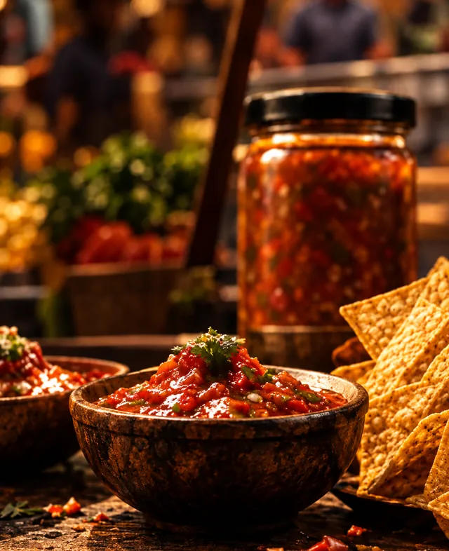 A bowl of Jose Madrid salsa with tortilla chips at our market booth
