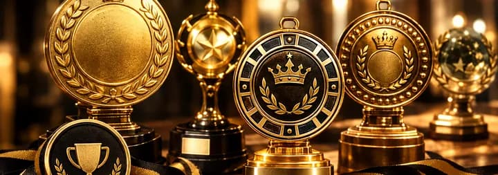 Gold medals and ribbons on a shelf