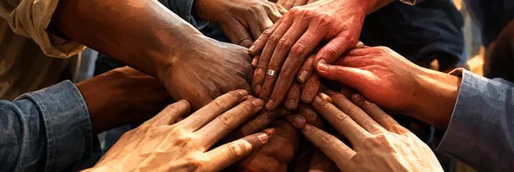 Many hands stacked together in a team huddle