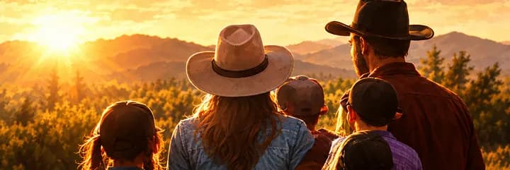 A family in cowboy hats watching the sunset over a field
