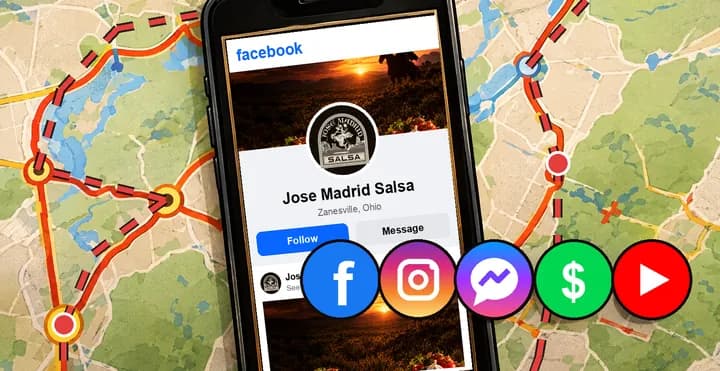 A phone showing the Jose Madrid Salsa Facebook page over a road map