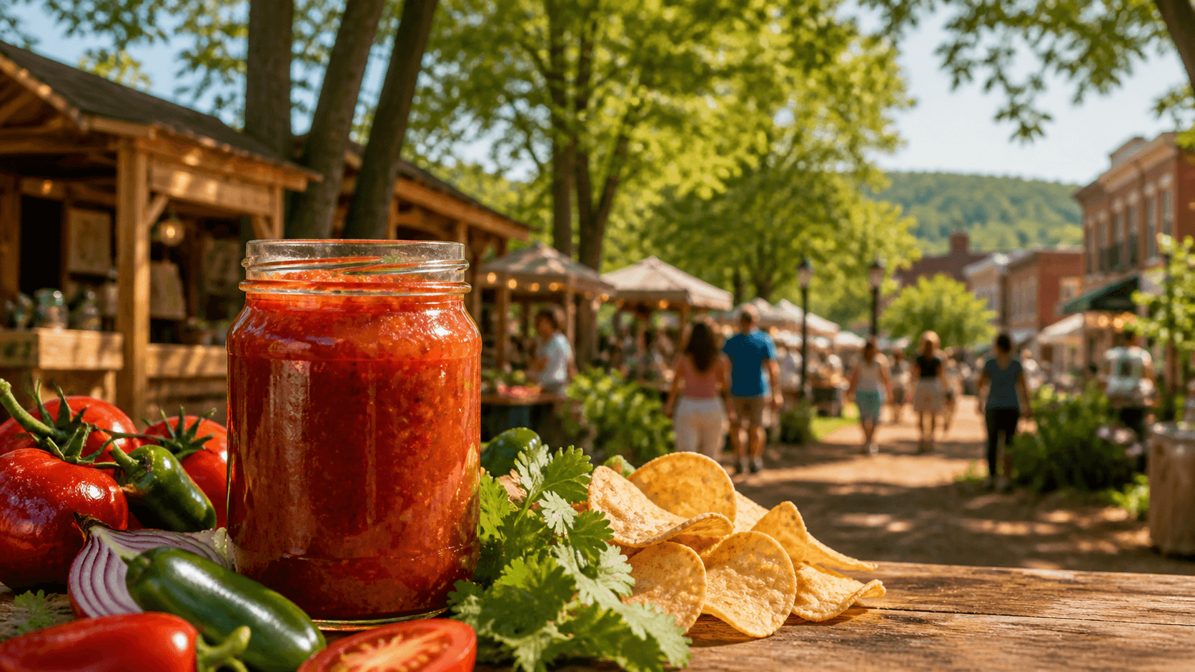 Open jar of rich red salsa with tortilla chips, tomatoes, peppers, onion, and cilantro on a wooden table at a sunny tree-lined Ohio festival.